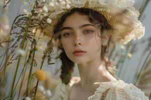 AI generated Elegant woman in a vintage romantic dress surrounded by nature and floral elements photo