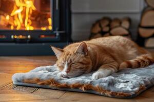 AI generated Orange tabby cat enjoys warmth and comfort sleeping on a thermal pet bed mat by a cozy fireplace photo