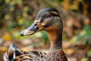 ai generado de cerca retrato de un marrón Pato con detallado plumas y cuenta en un natural al aire libre ajuste foto