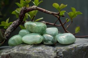 AI generated Green polished jade gemstones with natural mineral healing properties displayed peacefully photo