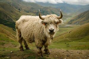 ai generado yak en el montañas pasto en tierras altas pastos con un lanoso Saco foto