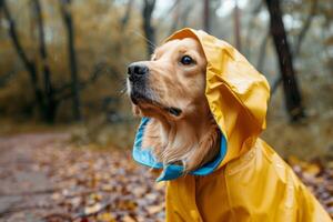 AI generated Golden Retriever in raincoat with hood strolls through autumn leaves on a rainy day outdoors photo