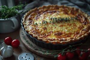 AI generated A delicious baked quiche with cheese and eggs, surrounded by savory pastry and herbs photo