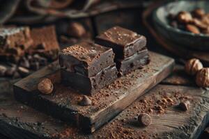 AI generated Delicious chocolate brownies dessert with cocoa and gourmet sweet baked confectionery on a rustic wooden board photo
