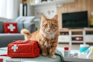 AI generated Ginger cat with first-aid kit and emergency medical supplies at home photo