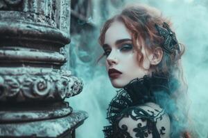 AI generated Model in gothic fashion with striking makeup and hairstyle portrays an air of elegance and mystery photo