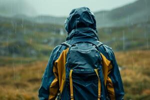 AI generated Rain jacket and backpack on a hiker in nature highlighting weather, waterproof quality, and outdoor adventure photo