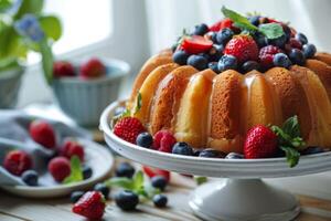 AI generated Pound cake with strawberries, blueberries, raspberries, and dessert sweetness on a baked pastry display photo