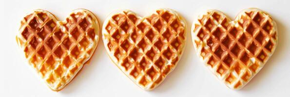 ai generado en forma de corazon gofres arreglado en un fila para un dulce y romántico desayuno tratar foto