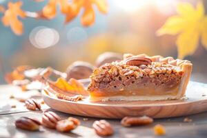 ai generado pacana tarta postre en un otoño mesa con hojas y Brillo Solar foto