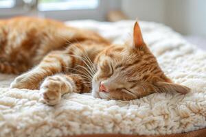 AI generated Sleeping ginger cat rests in comfort on a cozy bed mat indoors photo