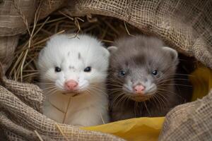 AI generated Two cute ferrets peeking from a burlap sack with hay bedding photo
