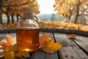 AI generated Maple syrup in a glass bottle on a wooden barrel among autumn leaves photo