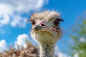 AI generated Close-up portrait of an ostrich with detailed feathers and beak against a blue sky photo