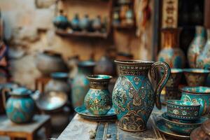 AI generated Mamluk pottery showcases Middle Eastern craftsmanship with a ceramic jug and traditional ornamentation photo