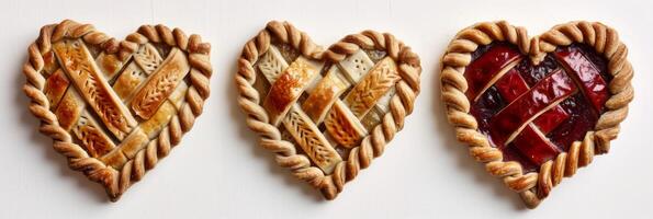 AI generated Three heart-shaped pies with lattice crust showing delicious baked fruit desserts photo