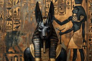 AI generated Anubis statue in gold and black against a backdrop of Egyptian hieroglyphs and pharaoh imagery photo