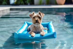 AI generated Dog in pool swimming on a blue float enjoying summer water leisure photo