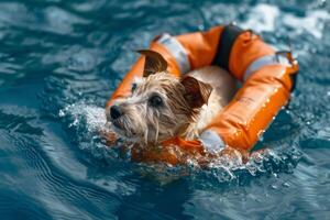 ai generado perro en agua vistiendo naranja flotación dispositivo para la seguridad y nadando foto