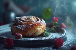 AI generated Cinnamon roll with sugar dusting on a plate surrounded by fresh roses and steam photo