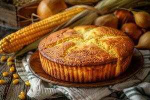 AI generated Golden brown homemade cornbread with rustic maize cobs on a wooden table photo