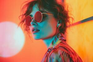 AI generated Stylish female model in sunglasses with vibrant portrait of fashion and glamour photo