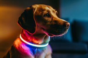 AI generated Colorful LED light-up dog collar enhances pet safety and style at night photo