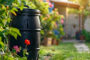 AI generated Rain barrel in a garden setting for conservation, watering, and sustainability with green eco-friendly attributes photo