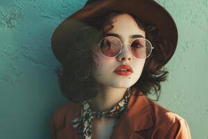 AI generated Stylish model in vintage fashion with sunglasses, hat, retro elegance and portrait beauty photo