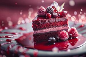 AI generated Red velvet cake with dessert toppings including raspberry, cherry, blueberry, and syrup on a gourmet plate photo