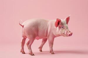 ai generado cerdo en rosado soportes como un linda animal retrato demostración granja y Doméstico ganado vibraciones foto