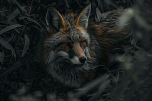 AI generated Fox gazes through the foliage in a natural forest setting photo