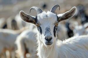 AI generated White goat with horns poses on farm among livestock in agricultural setting photo