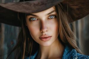 AI generated Fashion model in denim with a hat showcasing beauty and a serious gaze in a portrait photo