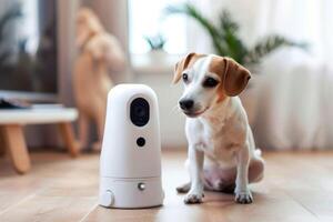 ai generado interactivo perro cámara monitores un mascota Jack Russell en el hogar para seguridad y vigilancia foto