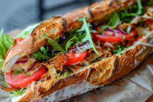 AI generated Fresh gourmet baguette sandwich with lettuce tomato and healthy vegetables photo