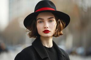 ai generado modelo en Moda elegancia retrato con mujer vistiendo belleza sombrero y rojo lápiz labial en el calle foto