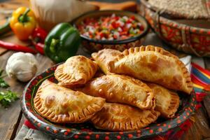 ai generado sabroso empanadas con tradicional latín relleno Pastelería en un rústico cocina mesa foto