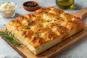 AI generated Focaccia bread with rosemary, olive oil, herbs, and sea salt on a wooden board photo