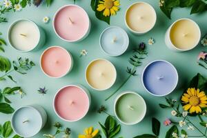 AI generated Colorful plant-based candles and aromatherapy decoration for relaxation and wellness spa environments photo