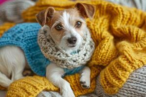 AI generated Dog in a cozy handmade sweater surrounded by knitting kit items photo