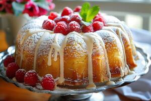 AI generated Pound cake with fresh raspberries and icing sugar served on a glass platter photo