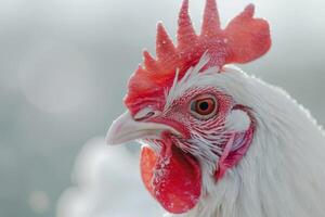 AI generated Close-up portrait of a white chicken with detailed feathers, beak, comb, and wattles on a farm photo