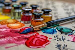 AI generated Close-up of calligraphy ink set with brushes, watercolor palette, and colorful glass jars on oriental paper photo