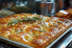 AI generated Golden Focaccia bread with rosemary baking in a homemade Italian cuisine setting photo