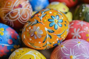 ai generado Pascua de Resurrección huevos pintado en vistoso tradicional diseños como festivo primavera decoración foto