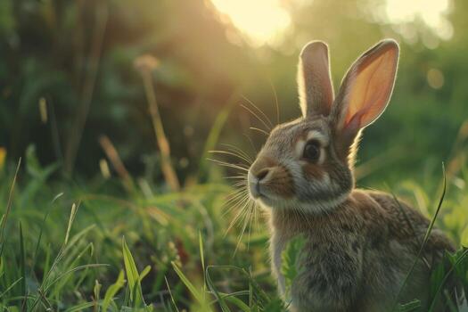 AI generated Rabbit in grass with sunlight highlighting its nature and wildlife presence photo
