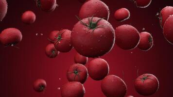 Falling tomatoes with water drops on a red background video