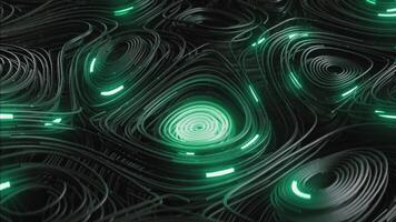 Black topographic circular lines with running matrix code and with green neon video