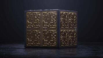 Abstract cube with gold and black maze animation inside video